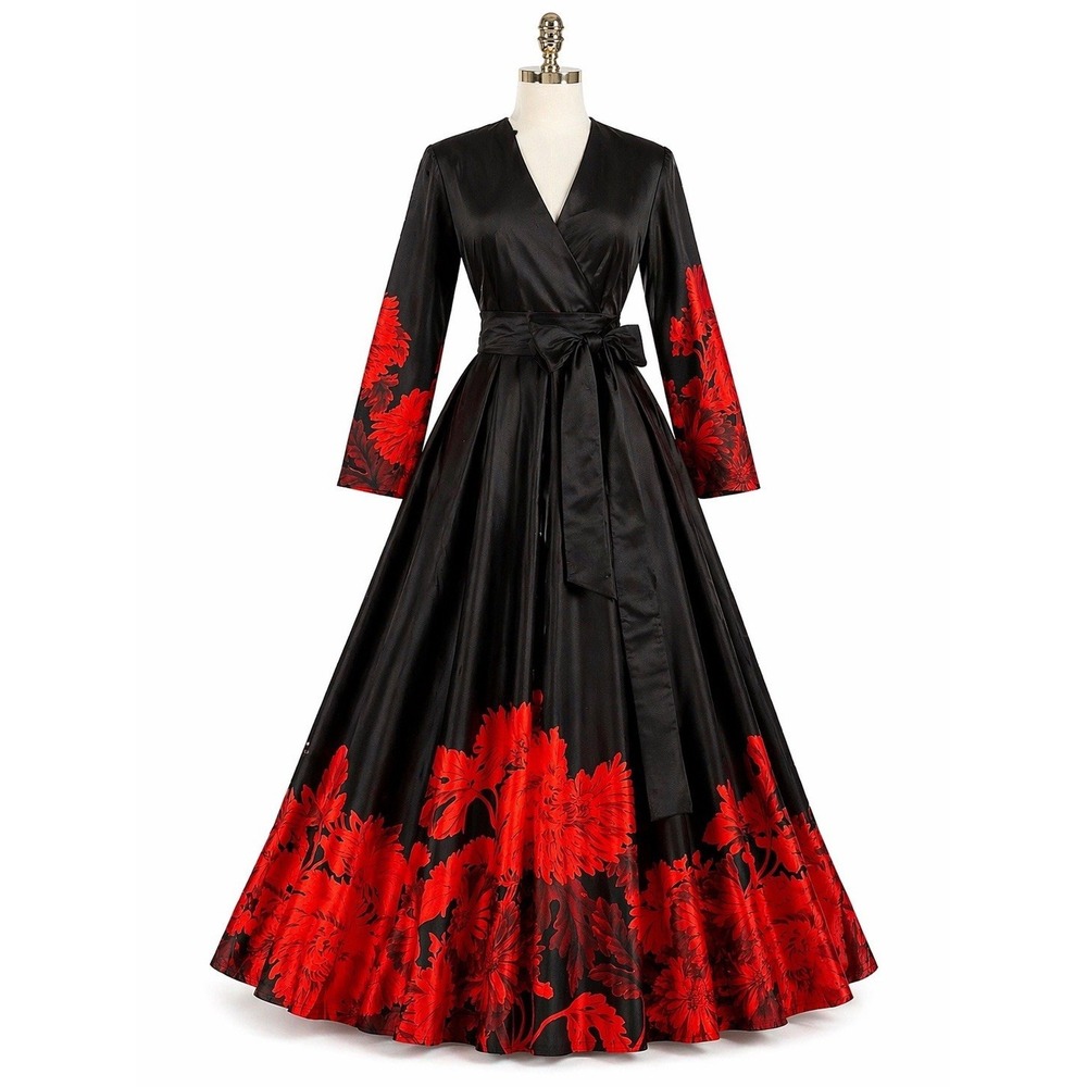 eshakti Black Maxi Dress with Red Floral Border
